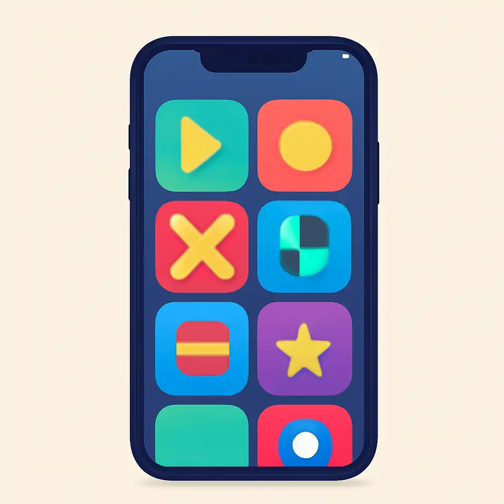 Smartphone shown from the front displaying a colourful flat layout of abstract game icons and rounded tiles, Why No Site