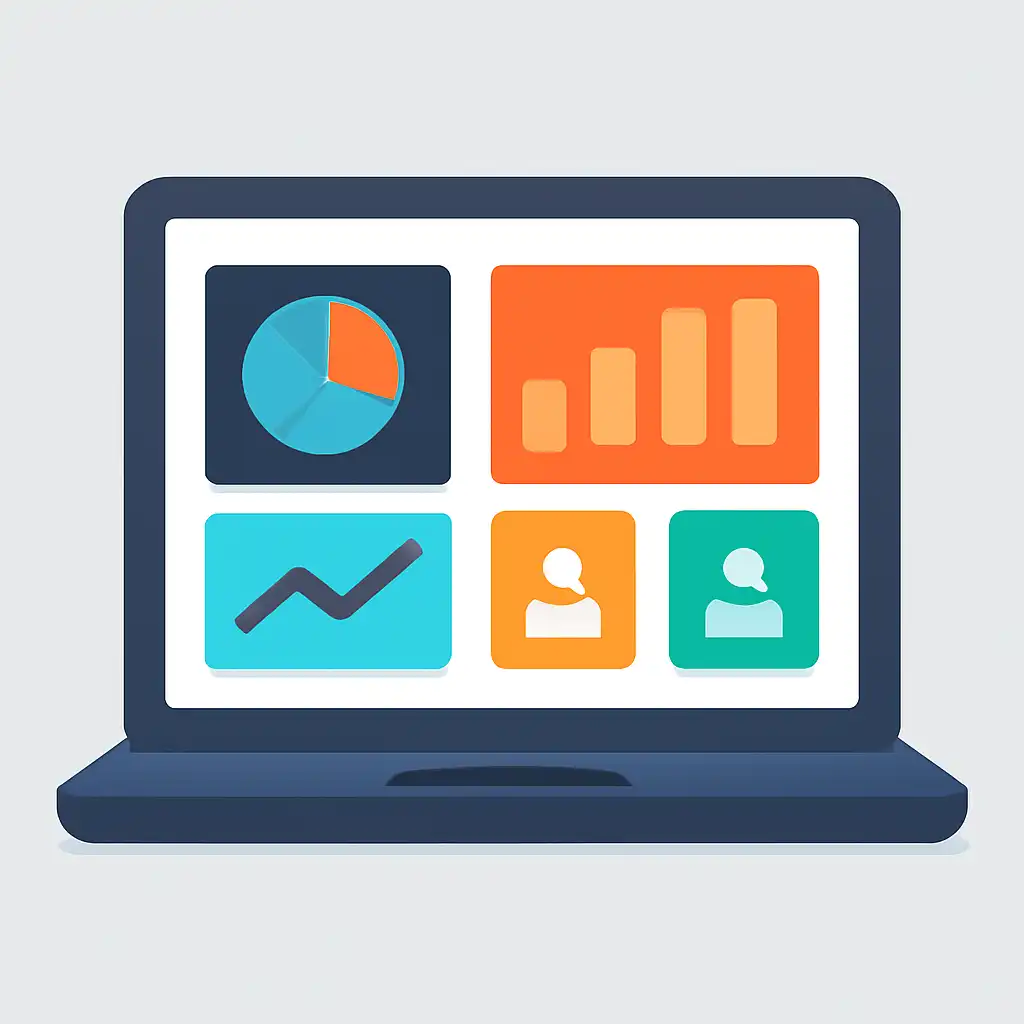 Laptop shown from the front displaying a colourful flat dashboard of abstract charts, bars and icon tiles, Why No Site Can