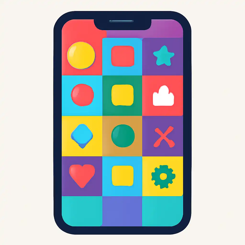 Smartphone shown from the front displaying a colourful flat layout of abstract game icons and rounded tiles, How