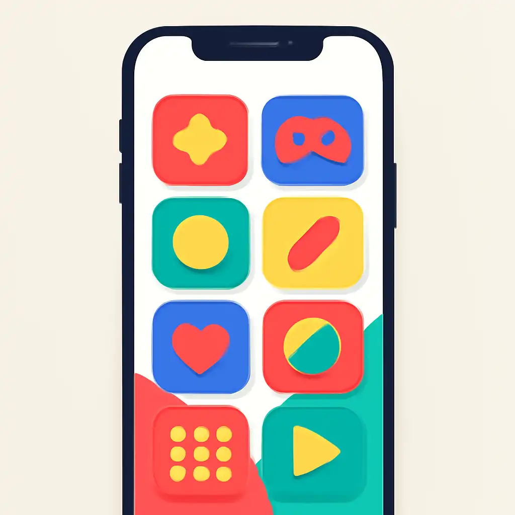 Smartphone shown from the front displaying a colourful flat layout of abstract game icons and rounded tiles, Open and