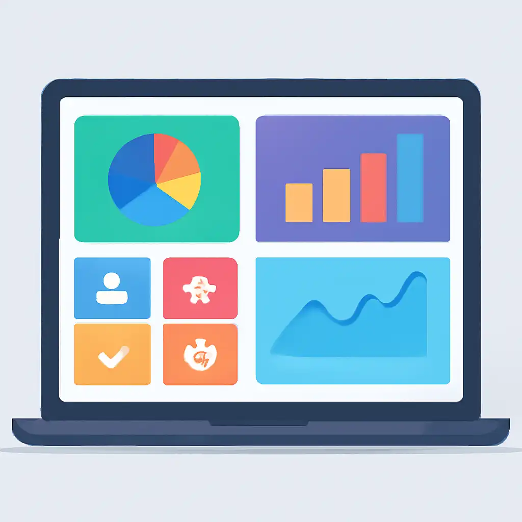 Laptop shown from the front displaying a colourful flat dashboard of abstract charts, bars and icon tiles, Open and Close