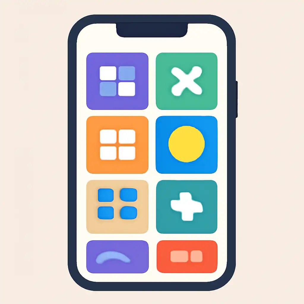 Smartphone shown from the front displaying a colourful flat layout of abstract game icons and rounded tiles, Panel Charts