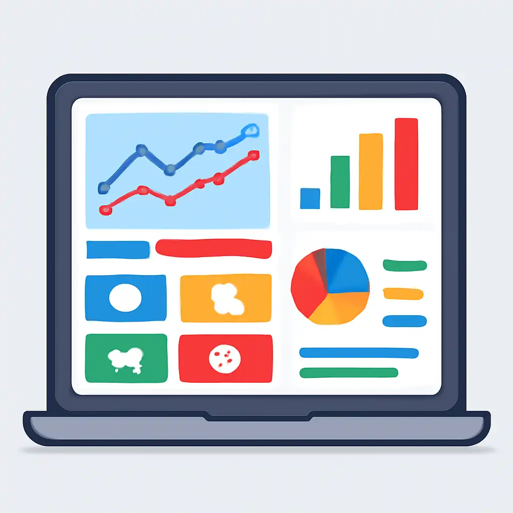Laptop shown from the front displaying a colourful flat dashboard of abstract charts, bars and icon tiles, Panel Charts