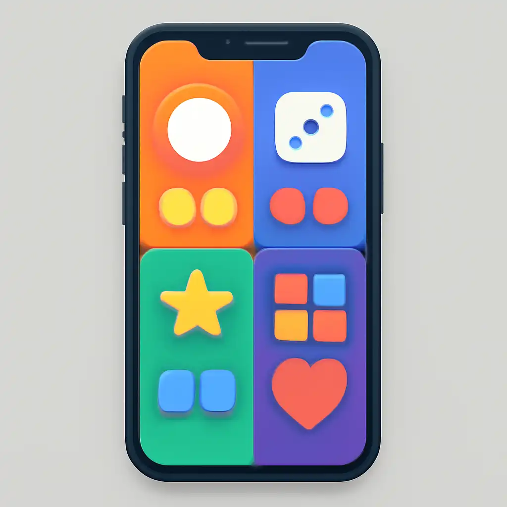 Smartphone shown from the front displaying a colourful flat layout of abstract game icons and rounded tiles, Kalyan, Milan