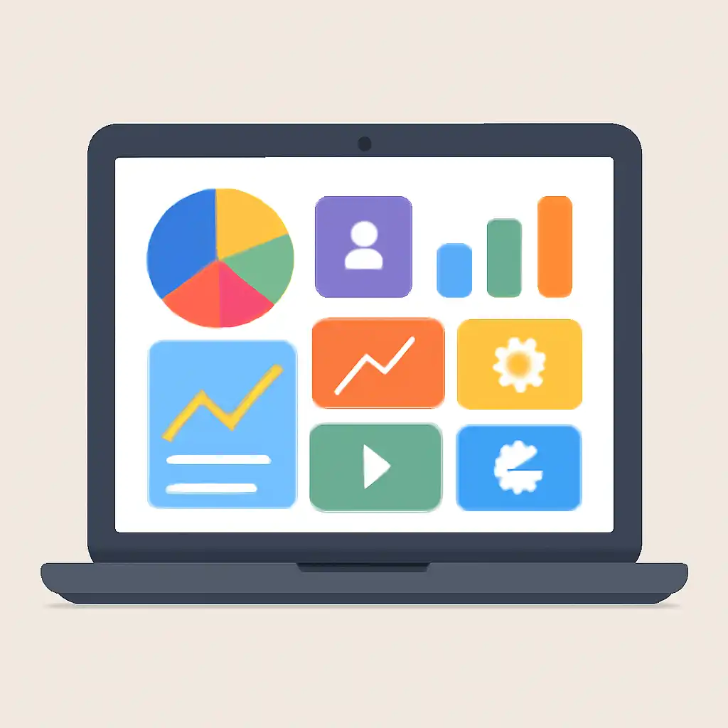 Laptop shown from the front displaying a colourful flat dashboard of abstract charts, bars and icon tiles, Kalyan, Milan