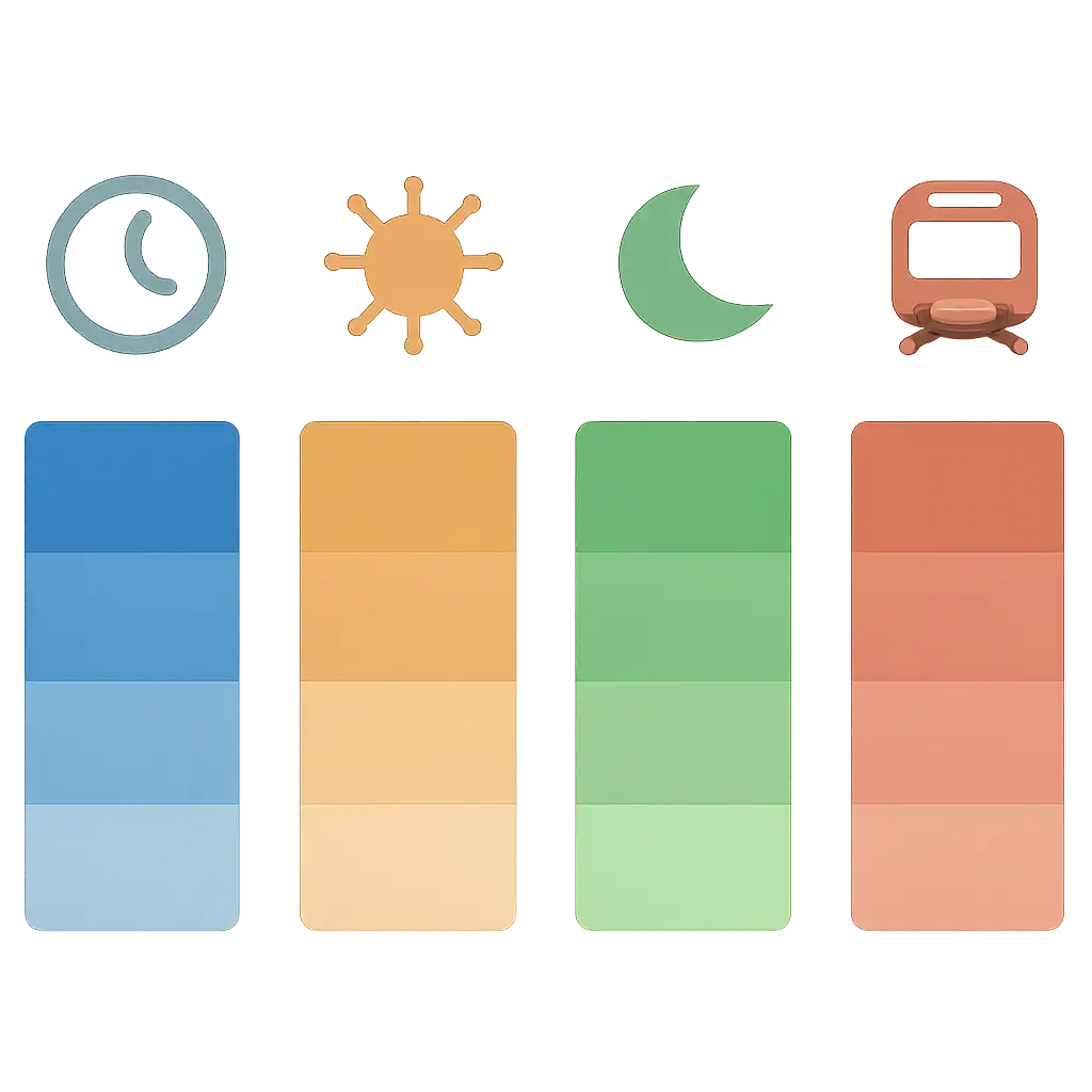Infographic comparing options using coloured bars and, Kalyan, Milan Day, Milan Night and Rajdhani: timings and how the