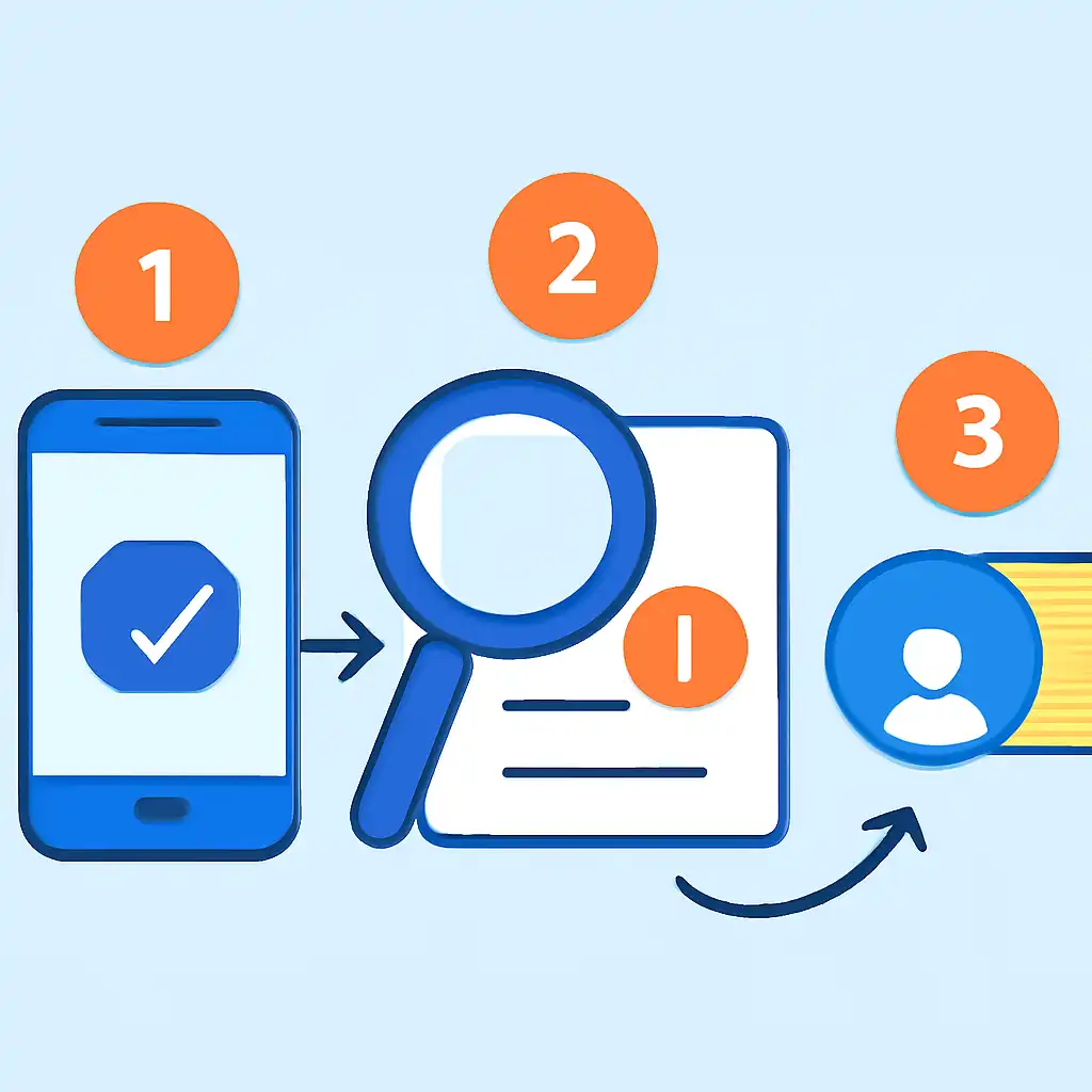 Annotated step diagram: what to check first process with numbered callouts, DPBoss