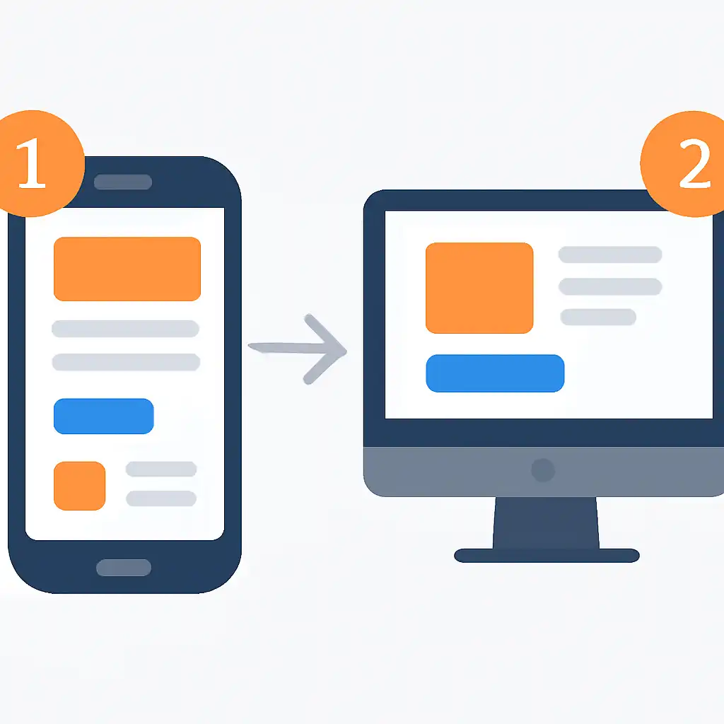 Annotated step diagram: mobile vs desktop process with numbered callouts, DPBoss